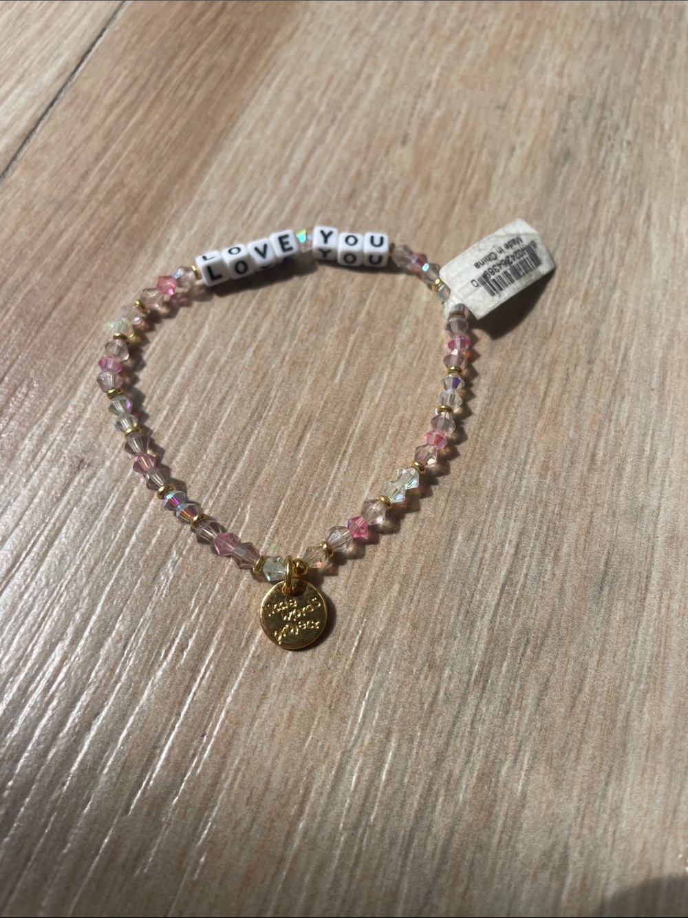 LOVE YOU Pink Clear and Gold Beaded Stretch Bracelet by Little Words Project - Picture 3 of 3
